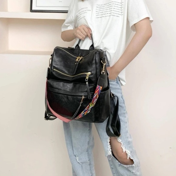 Black vegan leather and nylon  zipper detail mini backpacks - Picture 6 of 8